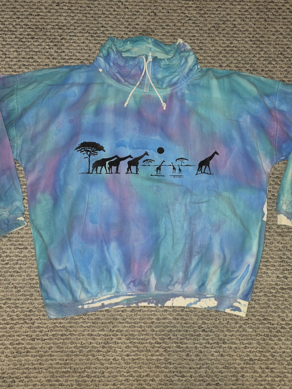 Vintage Mens Tie-Dye Blue & Purple Pullover Hoodie with Safari Print